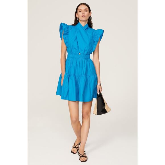 LINE + DOT Blue 100% Cotton A-Line Ruffle Sleeves Mockneck Mini Dress Size XS - Picture 1 of 14